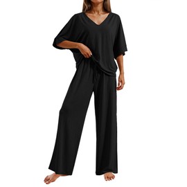 Ekouaer Pajama Sets for Women 2 Piece Lounge Set Short Sleeve Tops and Long Pants Soft Pjs Sleepwear Tracksuit,Black,XL
