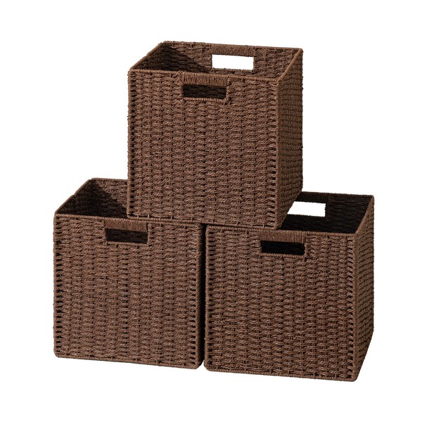 UBBCARE 3 Pack Wicker Basket, 11W×11.8L×11.8H inch Woven Paper Rope Storage Baskets for shelves, Foldable Cube Storage bin with Handle, Storage Basket for Organizing & Decor, Brown