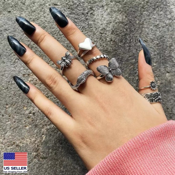 Unbranded 7PC Pop Boho Retro Finger Rings Set Butterfly Flowers