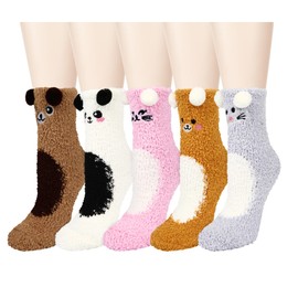 Benefeet Sox Womens Girls Fuzzy Socks Cute 3D Animal Cozy Soft Socks Funny Silly Cartoon Comfy Fluffy Slipper Socks Thick Plush Sleeping Socks Winter Warm Indoor Home Socks 5 Pack, Bear Cat Panda
