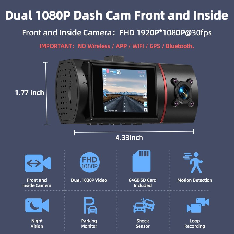 Dual Dash Cam Front and Inside with 64GB Card,Milerong X25
