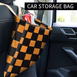 ABUIFDK Car Trash Can, Cute Car Trash Bag, Hanging Car Organizer and Storage Bag, Trash Bin for Car Accessories, Vehicle, Travelling, Camping Orange Black Checkerboard