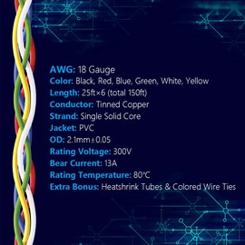 Fermerry 18 AWG Solid Core Wire Spool 25ft Each 6 Colors Flexible 18 Gauge Hook up Wire Kit Electrical Tinned Copper Wire PVC