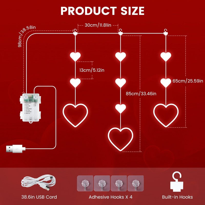 Briteglotec Hanging Window Lights, Red Heart Shape
