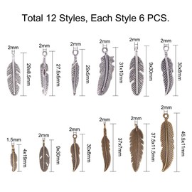 PandaHall 72pcs 12 Art Feather Pendants Charming Beads for DIY Dream Catcher Necklace Bracelet Jewellery Making Antique Silver Bronze, Metal