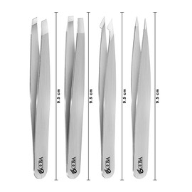 OCBA 4 Pcs Silver Tweezers for Facial Hair Women & Men for Precise Grooming of Eyebrows - Professional Stainless Steel Black Color Coated Eyebrow Tweezers for Ingrown Hair on Nose Ear (Silver)