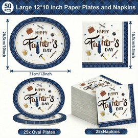 Dereinwo 50Pcs Father's Day Large 12" x 10" Oval Paper Plates and Napkins Disposable Heavy Duty Paper Plates and Napkins for Father's Day Party Supplies