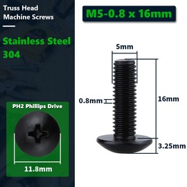 M5-0.8 x 16mm Truss Head Machine Screws, Stainless Steel 304, Black Coated Phillips Drive Screws for Knob Pull Cabinet Door Drawer, 50-Pack