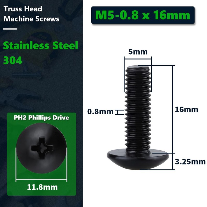 M5-0.8 x 16mm Truss Head Machine Screws, Stainless Steel 304,