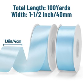 KINGLAKE Baby Blue Satin Ribbon – 1 1/2'' x 100 Yards Polyester Light Blue Ribbon for Gift Wrapping, Baby Shower, Wedding, Party Decoration, DIY Crafts, Floral Bouquets and Wreath Bows