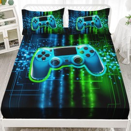 Smell Sunshine Boys Gamer Sheets Set 4Pcs for Kids,Green Gamepad Printed Sheet Set with 1 Flat Sheet and 1 Fitted Sheet + 2 Pillowcases(Gamepad Queen)