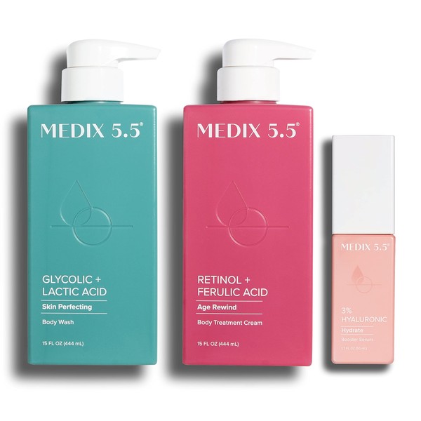 MEDIX 5.5 Anti Aging Skin Care 3PC Set | Retinol Body Cream + Exfoliating AHA Glycolic Acid Foaming Face Wash & Body Wash + Hyaluronic Acid Serum Booster, Wash + Treat + Hydrate Skincare Set, 3PC Set
