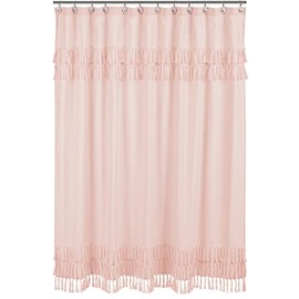 Sweet Jojo Designs Pink Boho Bohemian Bathroom Fabric Bath Shower Curtain - Solid Color Blush Shabby Chic Luxurious Luxury Elegant Vintage Designer Boutique Tassel Fringe