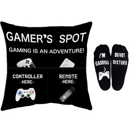 Svnntaa Gamer Pillow Cover 18x18 Inch With Dual Pockets - Gifts for Teenage Men Boys, Gaming Room Decoration, Pillow Cover and Socks Set