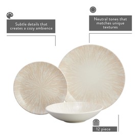 Corona 12-Piece Textured Light Sandy Beige Ceramic Dinnerware Sets, Plates and Bowls, Service For 4, Microwave and Dishwasher Safe, Nyssa
