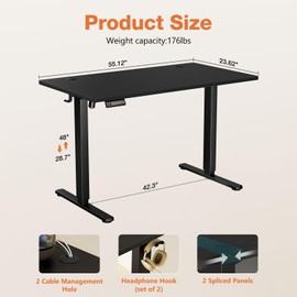 Sweetcrispy Electric Adjustable Height Standing Desk - 55 x 24 inch Sit to Stand Up Desk with Splice Board, Rising Home Office Computer Table with 2 Hook and Wire Hole for Work