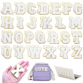 WNSIRVY 52 Pcs Chenille Letter Patches Self Adhesive Iron On Patches for Backpacks, 2.17 Inch Glitter Letter Stickers Preppy Varsity Chenille Patches for Clothing Jackets Hat Laptop (White Letters)