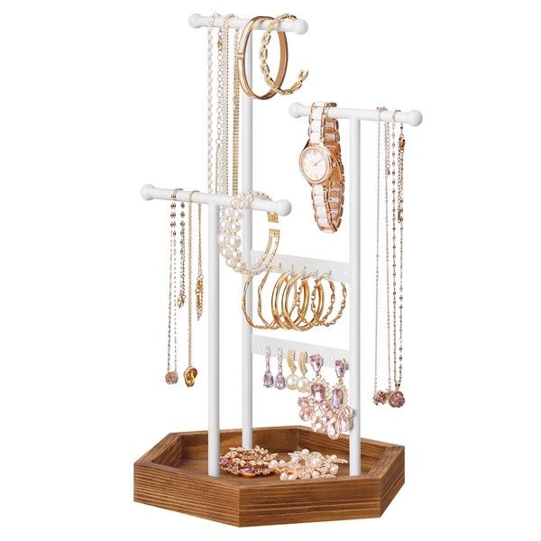 SONGMICS Jewelry Display Holder Stand, Necklace Holder, Metal and Wood Jewelry Tree, White UJJS003W01