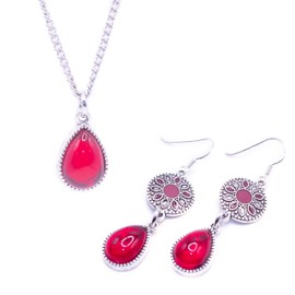 NILUXE DESIGN -Ohrringe Frau Stil Boho Silber Thailändisch Kristall Rot In Form Von Tropfen - Ohrringe Frau Hängende Lange - Ohrringe Boho - Schön Zum Tragen (Set Anhänger Und Ohrringe)