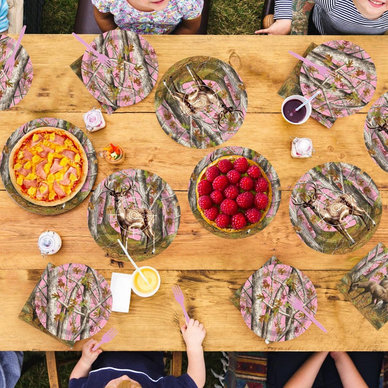 Greencian 96Pcs Pink Hunting Deer Camo Party Decorations, Serves 24