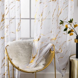 Lavyhuno Gold White Marble Sheer Curtains 2 Panels for Bedroom Living Room, Metallic Golden 84 Inch Length, Rod Pocket Privacy Sparkle Glitter for Holiday Decor Window Treatments, 52" X 84"