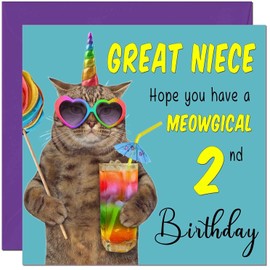 2nd Great Niece Birthday Card - Meowgical Cat Funny Birthday Card for 2 Year old Kids two, second
