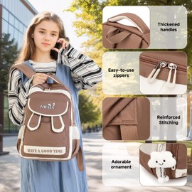 Amythe School Backpack Girls Teenagers, Lightweight Waterproof Daypack with Cute Pendant, School Bag for Girls 3-5th Class and Secondary School, Large Backpack Teenager, brown