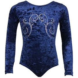 Girls' Long Sleeve Gymnastics Leotard Made of Stretch Velvet Opaque Children's Leotard with Crew Neck Velvet & Hexagon Sequins Gymnastics Leotard Gymnastics Jersey, darkblue