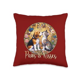 Art Nouveau Love Beagle Dog & Cat Kiss Flower Butterfly Paws & Kisses Valentines Beagle Dog & Cat Throw Pillow, 16x16, Multicolor