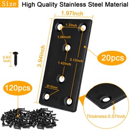 LOSYHU 20Pack 4x2 Inch Black Flat Mending Plates Flat Bracket, Stainless Steel Mending Joining Plates Repair Fixing Bracket for Wood Furniture Fence
