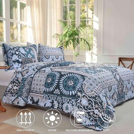 Nanko Patchwork Quilt Set Queen Full Size 3 Pcs, Blue Teal Green Paisley Bedspreads, Soft Lightweight Coverlet Bed Spreads, Farmhouse Chic Thin Quilted Retro Bedding Set for Women Men 90 x 90 Bohemian