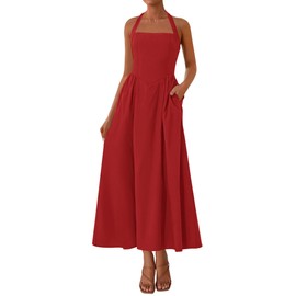 KIRUNDO Summer Dresses for Women 2025 Halter Maxi Wedding Guest Party Cocktail Semi Formal Elegant Classy Long Sundress(Red, Large)