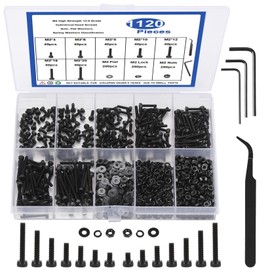 BaiBaoHui 1120pcs M2 Mechanical Screw Assortment Kit, Grade 12.9 Alloy Steel Hexagon Socket Metric Bolts with Nut Flat Washers and Spring Washers Sleeves with 1 Hexagonal Wrenches 1 Tweezer