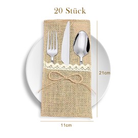 Cosswe Jute Cutlery Bag, Pack of 20 Cutlery Bags Jute with Lace Cutlery Holder Utensil Holder Made of Hessian Vintage Table Decoration for Wedding Birthday Party Christmas