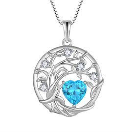 FJ Tree of Life Necklace Women's 925 Sterling Silver Tree of Life Necklace Pendant Birthstone Jewellery Gifts for Women, Cubic Zirconia, Aquamarine