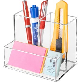 Clear Acrylic Pen Holder with 3 Compartments for Desk Organization