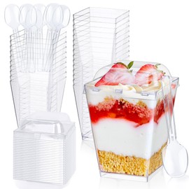 MUMULULU 25 Pack 5 oz Plastic Dessert Cups with Lids and Spoons Square Clear Mini Dessert Cups for Puddings Fruits Yogurts Appetizers Party Supplies