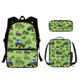 JOAIFO Green Jeep Print Backpack for Boys 8-12 Lunch Box Pencil Case Kids School Supplies Set Lightweight Shoulder Bag for School Casual Daypack