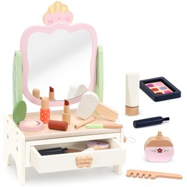 PairPear Wooden Makeup Toy Set, 19Pcs Solid Wood Pretend Makeup Playset Beauty Salon Kit with Detachable Mirror for Kids & Toddlers 3+
