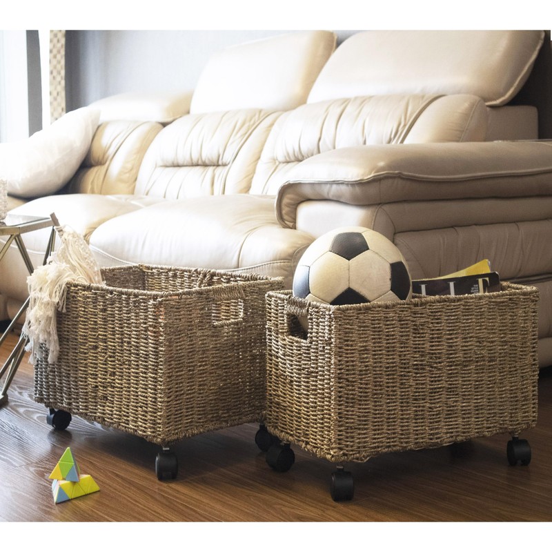 PEMAR Set 2 Nesting Natural Wicker Rolling Storage Baskets on