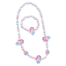 Damaiyyy Wooden Children's Jewellery Set, Mermaid Friendship Bracelet, Mermaid Beads Necklace and Bracelet, Gift for Girls, Birthday Party, Dress Up Costume Accessory