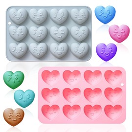 2 Pack Valentine's Day Themed Silicone Molds 12 Cavity 3D Smiley Heart Shaped Chocolate Mould Tray DIY Baking Decorating Tools for Candy Pudding Mousse Dessert Gummy Handmade Soap Clay