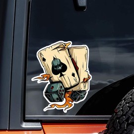 2pcs 4.33''x5.12'' 2D Flat Sticker Vinyl Poker Card and Dice Decal, Cartoon Skeleton Ace of Spades Theme Sticker for Motorcycle, Laptop, Bumper, Window and Car Exterior Accessories | CZ52