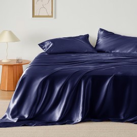 Bedsure Satin Sheets - Soft Satin Bed Sheets Full, 4 Pcs Luxury Silky Sheets, Similar to Silk Sheets, Navy Satin Sheets Full for Hair and Skin, Gifts for Women