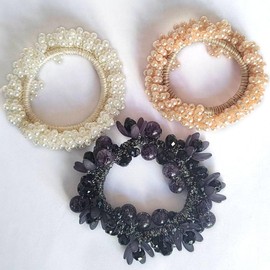 Pearl and Rhinestone Hair Ties Scrunchies for Women, 3 Pack Elastic Hair Ties with Glass Beads, White and Clear, 3.23 Inch Ponytail Holders for Thick and Thin Hair