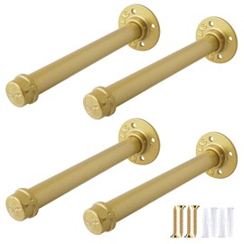OVOV Gold Industrial Pipe Shelf Brackets Heavy Duty Pipe Floating Shelf Bracket Rustic Wall Mounted Shelving Support for Wood Board (14 Inch 4 Pack)