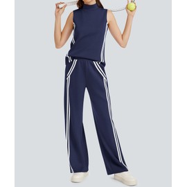 Casly Lamiit Two Piece Sets for Women Lounge Travel Outfits Casual Track Suit Sleeveless Tops Wide Leg Pant Summer Tennis Set Activewear Navy Blue M
