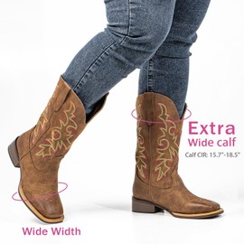 SheSole Women's Extra Wide Calf Cowboy Boots Square Toe – Pull-On Western Boots for Thick Calves, Stretch Comfort & Removable Insole, Classic Western Pattern (Brown, X-Wide, 8)