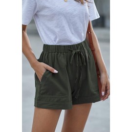 HVEPUO Womens Shorts Summer Linen Soft Elastic Waist Short Pants with Pockets Drawstring Mid High Waisted Shorts for Women Green M