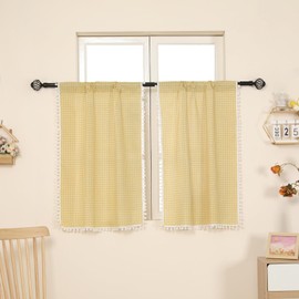 Moslovstar 2 Panels Linen Curtains Farmhouse Yellow Plaid Vintage Semi Sheer Window Curtain for Kitchen Bathroom with White Pom Pom, 26x36in Tiers Curtain